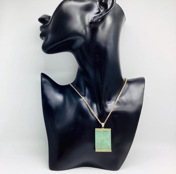 Vintage Jade and Vermeil Rectangular Pendant and  Chain Vintage Chinese Jade Jewellery Luck Well Being March Birthday 12th Anniversary