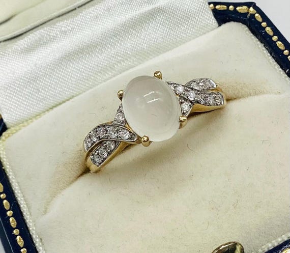 Moonstone and Diamond 9ct Solid Gold Ring UK Size S Boxed