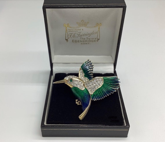 Attwood and Sawyer Kingfisher Brooch 22 Gold Plated Enamel and Swarovski Crystal