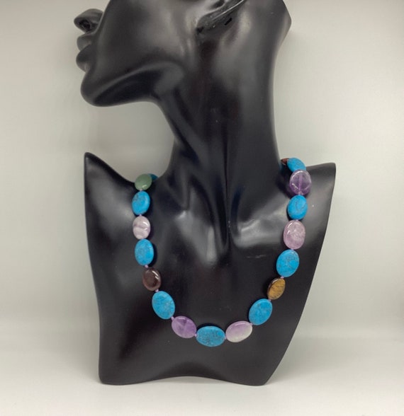 Natural Gemstone Necklace Turquoise Amethyst Aventurine Tigers Eye Wellbeing Crystal Healing Bead Vintage