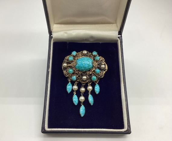 Spectacular Peking Czech Glass and Pearl Vintage Brooch C1930 Drops Fringe Art Deco