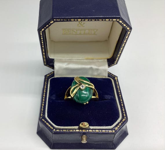 Vermeil Gold Wrapped Malachite Ring: Sterling Silver Band, Faux Diamond Accent