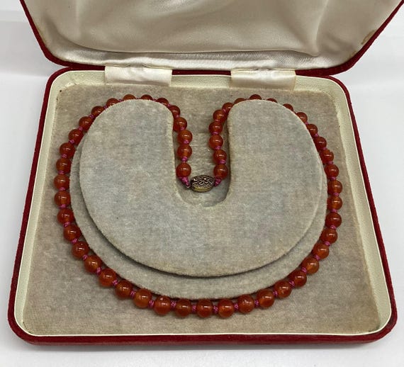 Carnelian Bead Necklace Gold on Silver Clasp Vintage Chinese Import 1950 18 Inch July Birthday