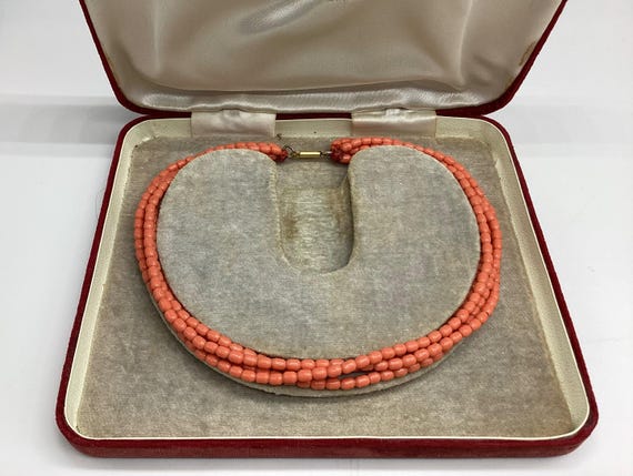 Victorian Four Strand Coral Necklace Choker Antique Salmon Pink Rolled Gold Clasp