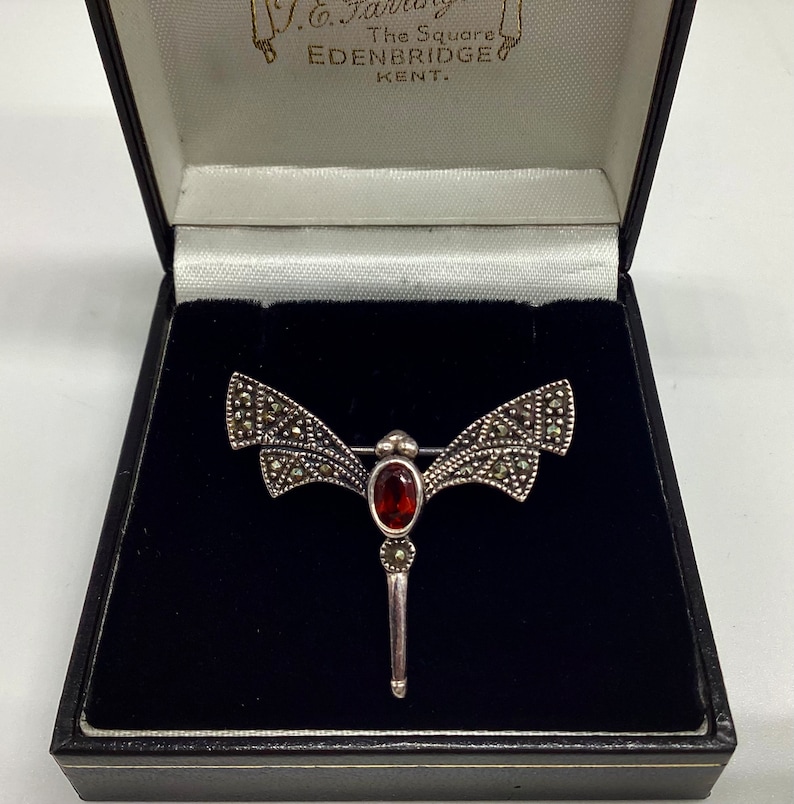 Vintage Marcasite Solid Silver Garnet Brooch Dragonfly Art Nouveau Style January Birthstone Birthday 2nd wedding Anniversary image 3