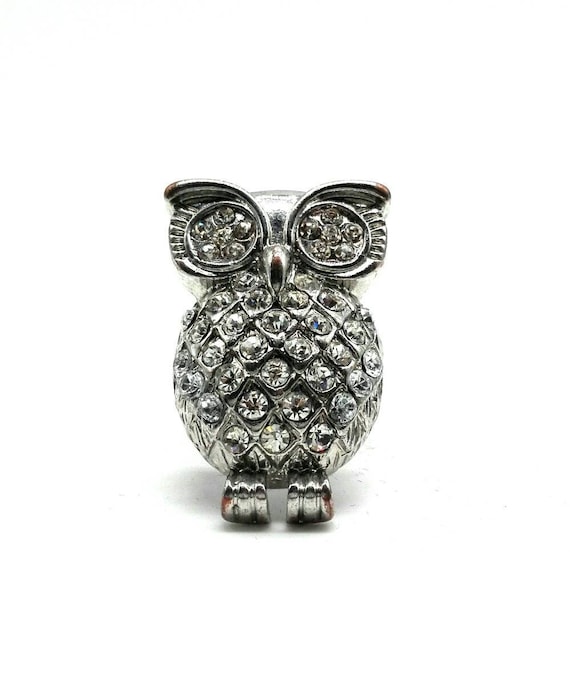 Fabulous Vintage Rhinestone and Silver Plated Owl Ring Large Statement Jewellery Bird Owl Lover Size P