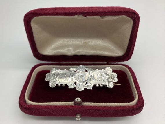 Victorian Name Brooch SARAH Hallmarked Silver Floral Antique Chester C1897