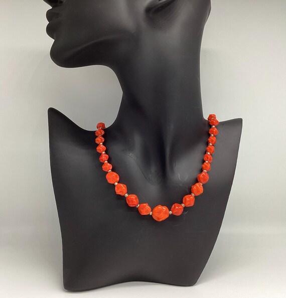 Day-Glo Scarlet Red Bohemian Necklace Art Deco Czech Glass Beads with Tiny Crystals Vintage