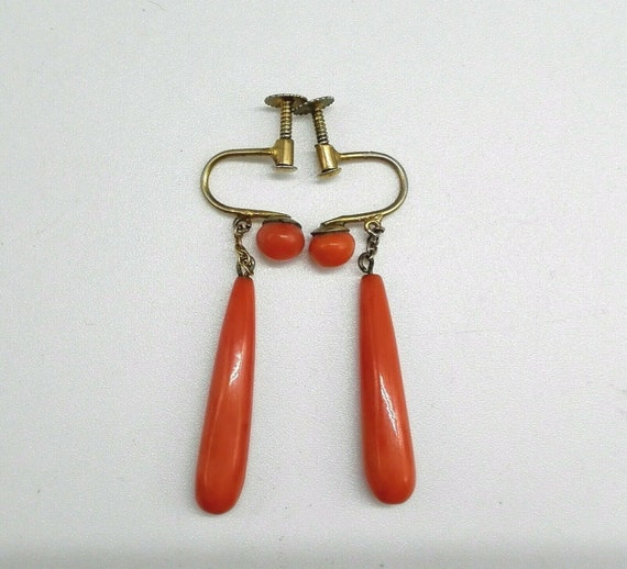 Salmon Coral Drop Earrings Antique Victorian True… - image 6