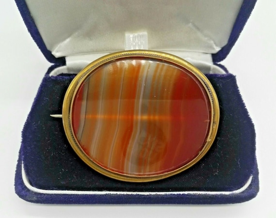 Large Banded Agate Victorian Pinchbeck Antique Sample Brooch Pin Sunset Colours Gemstone