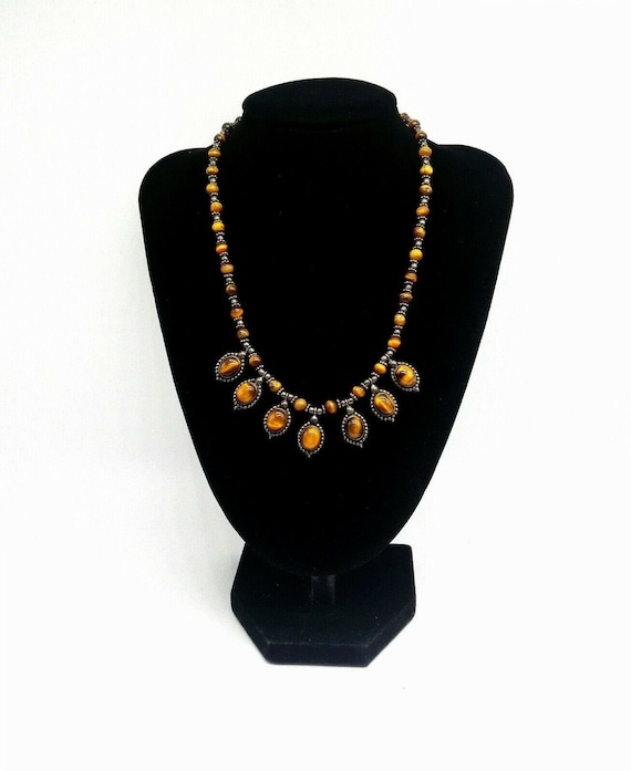Fantastic Victorian Bib Necklace Polished Vintage Tigers Eye In Silver Etruscan Revival Antique Silver Jewellery