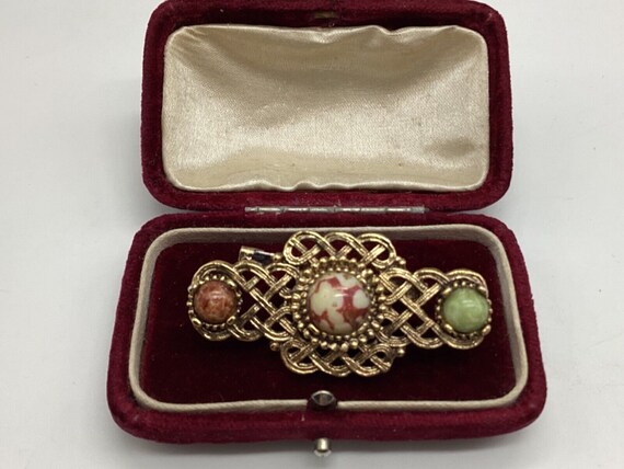 Celtic Plaited Brass Setting Glass Agate Bar Brooch Scottish Vintage