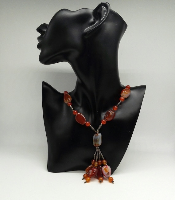 Polished Carnelian Bead Necklace and Ethnic Silver Beads Four Drop Tassel Pendant with Matching Polished Gemstone Bracelet