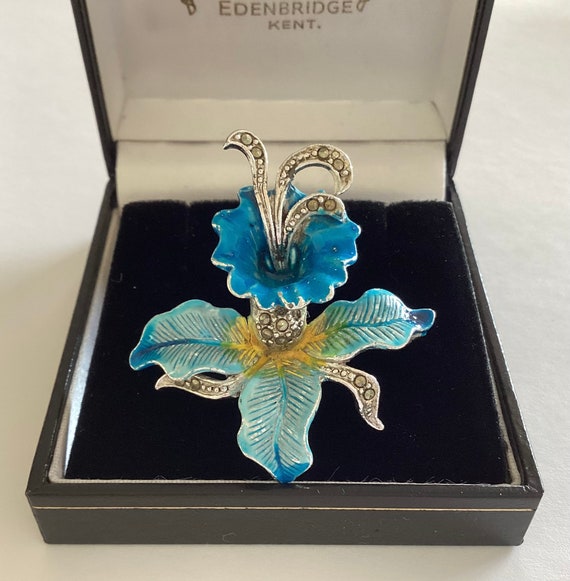 Deep Blue and Lemon Yellow Enamel with Marcasite Orchid Brooch Pin Vintage 1950's Jewellery Art Nouveau