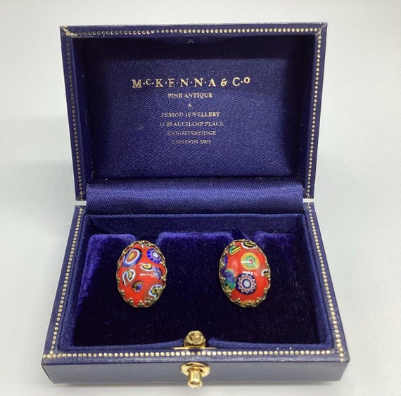 Vintage Millefiori Murano Venetian Brass Glass Clip On Earrings