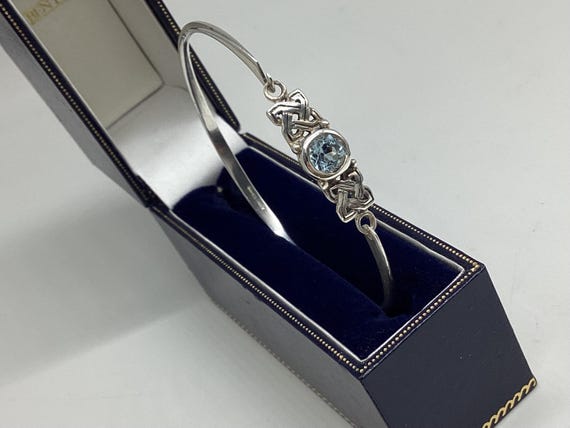Vintage Solid Silver Hook Bangle Sky Blue Topaz in a Celtic Love Knot Setting