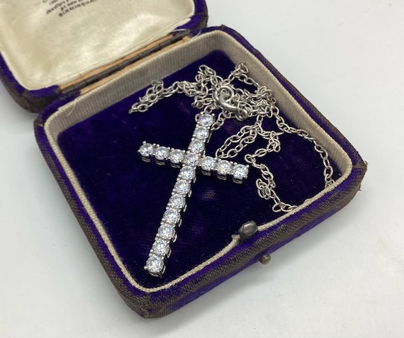 Large Solid Silver and Diamond Quality Zirconia Cross & Chain Vintage Religious Jewellery
