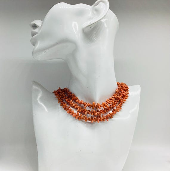 Three Strand Italian Mediterranean Red Coral Necklace 1950s Fancy Clasp