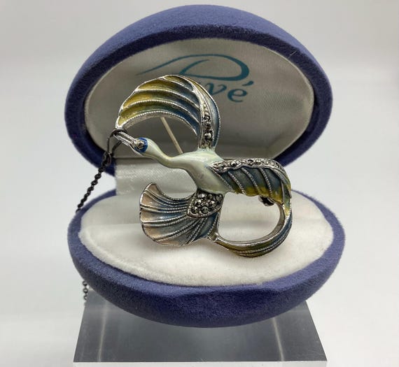 Bird in Flight Vintage Brooch Beautiful Enamel and Marcasite Vintage Swan 1930's