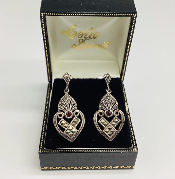 Earrings Art Deco Silver Marcasite and Tiny Ruby Drop Earrings Wedding Jewellery Bridal