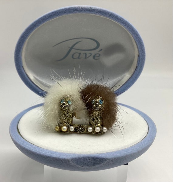 Retro 1950's Brooch Fabulous Real Mink Twin Poodle Gold Tone Crystal Pearls