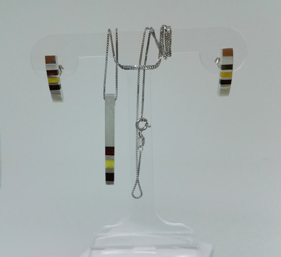 Studio Designed Three Coloured Amber and Stamped Silver Contemporary Set of Earrings and Pendant on a 925 Silver Chain