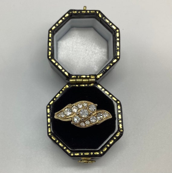 Attwood and Sawyer Ring Swarovski Crystal Set Multistone Engagement Vintage Collectibles 22ct Gold Plated Adjustable Size N Signed
