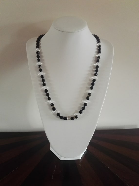 Beautiful Faceted French Jet and Austrian Crystal Bead Opera Length Necklace  Retro Vintage Art Deco Period Style Jewellery