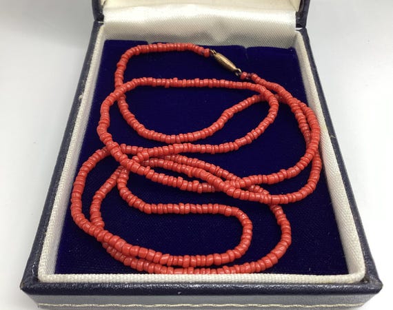 Victorian Red Coral Necklace Tiny Beads Antique 26 Inches Long Rare Jewellery