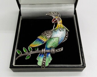 Vintage Art Deco Enameled Cockatoo Brooch: Marcasite Silver Parrot Pin