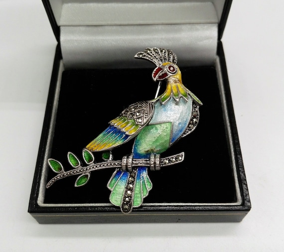 Fabulous Enameled Silver Marcasite Cockatoo Brooch Art Deco Colourful Parrot Bird Parakeet Vintage Pin Animal Lover Gift Unisex Jewellery