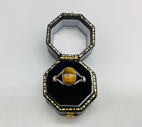 Dainty Antique Tigers Eye Ring Victorian Silver Split Gemstone Double Shank Stackable UK Size J 1/2