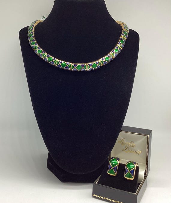 Vintage Carven Paris Enamel Necklace & Earrings Set – Green and Blue Statement Demi-Parure