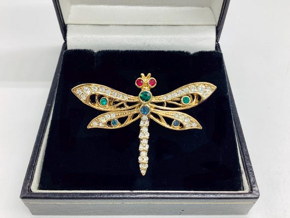Attwood & Sawyer Jewel Encrusted Dragonfly Brooch Swarovski Crystal 22ct Gold Plated Jewellery