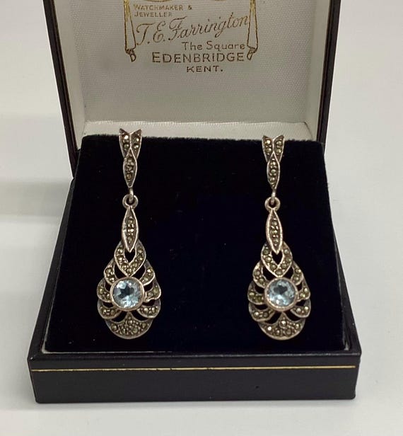 Antique Blue Topaz and 925 Silver Marcasite Edwardian Drop Earrings Fabulous Wedding Bridal Jewellery Evening Wear Jewels