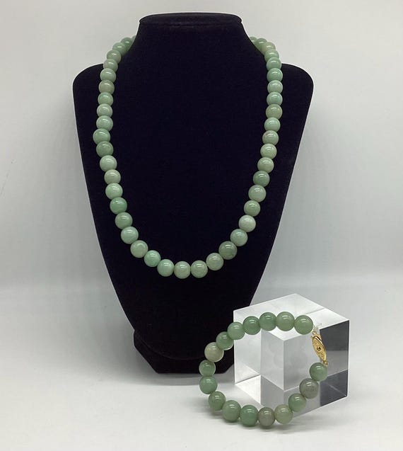 Sea Green Jade Large Bead Matinee Length Necklace Matching Bracelet