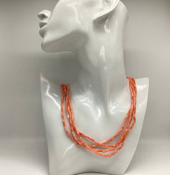 Angel Skin Coral Necklace Four Strand Peachy Pink Tube Bead Solid 925 Fancy Silver Clasp Vintage 1950s 23 inches