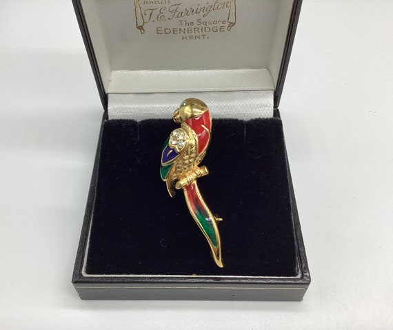 Rare Attwood and Sawyer Small Parrot Brooch Enamel Swarovski Crystal Gold Plated Birthday Christmas Gift Collectible Signed