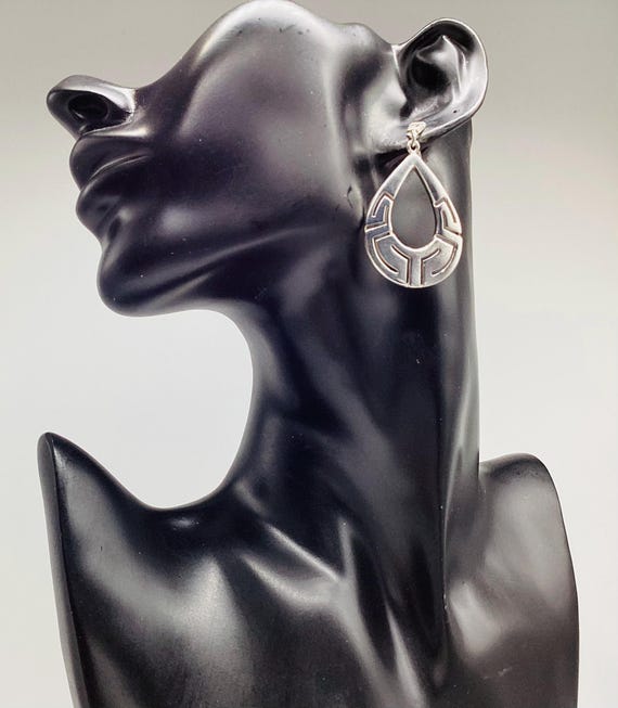 Greek Key Design 925 Silver Earrings Vintage Long Drop Vintage 1950 Retro Meander