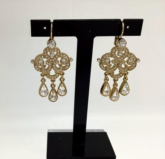 Vintage Signed Joan Rivers Chandelier Earrings Crystals in Gold Tone Metal Lever Back