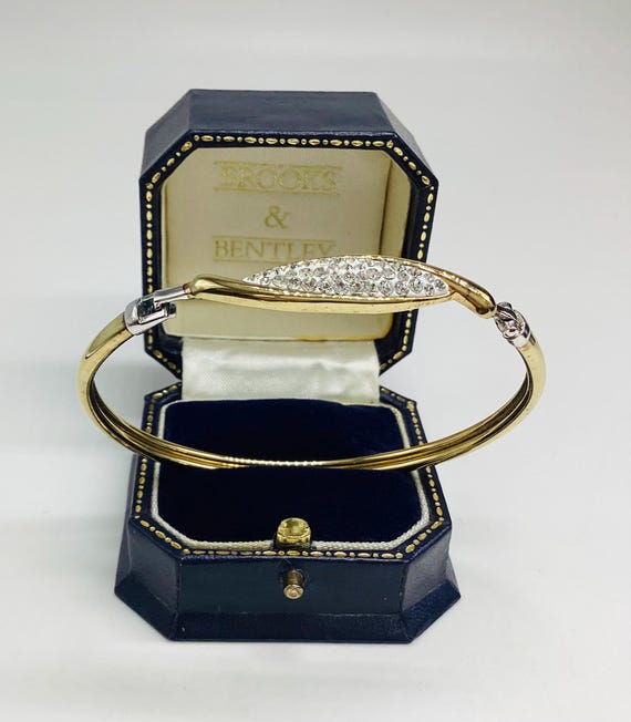 Hinge and Hook Bangle 925 Silver with Bonded Gold Pave Set Crystal Panel