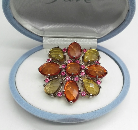 Huge Joan Rivers Citrus Coloured Faceted Crystal Flower Brooch Vintage Collectable Jewellery Signed