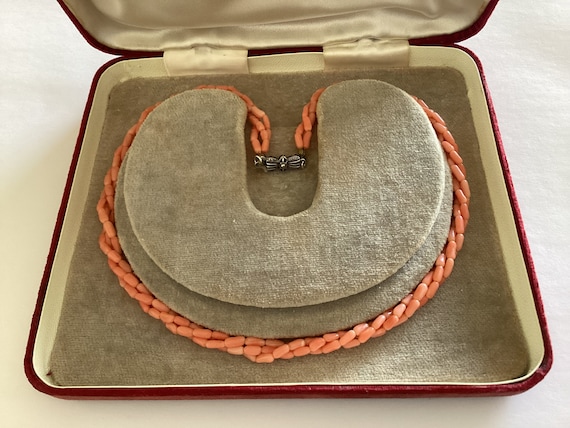Three Strand Angel Skin Coral Vintage Necklace Silver Bow Clasp Vintage 1950's Retro Jewellery Wedding Bridal Bridesmaid
