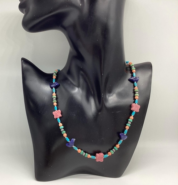 Carolyn Pollack Carved Gemstone and Sterling Silver Necklace  Relios Lapis Pink Coral Turquoise Rhodochrosite Birds Butterflies