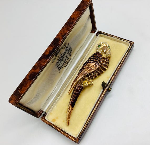 Vintage 1950s Large Budgie Brooch: Faux Pearl Crystal and Enamel Bird Pin Budgerigar Lover
