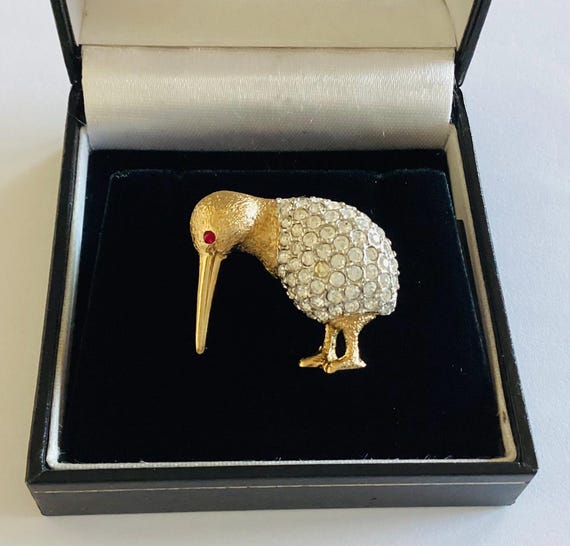 Vintage Attwood and Sawyer Kiwi Brooch Crystals and Ruby Eye 22ct Gold Plated