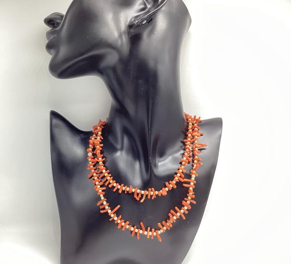 Natural Carved Red Coral & Crystal/Pearl Bead Matinee Length Necklace 30 Inches Art Deco 35th Anniversary Fabulous Coral Jewellery