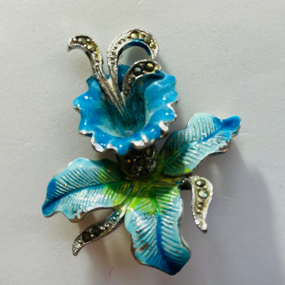 Blue Enamel and Marcasite Orchid Brooch Pin Vintage 1950's Jewellery Art Nouveau Style