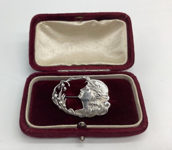 Art Nouveau Revival Lady's Profile Brooch Hallmarked Solid Silver