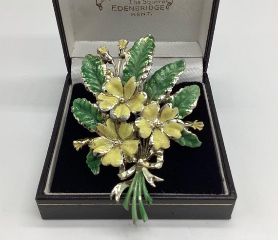 Rare Vintage Primrose Brooch by Exquisite February Birthday Month Flower Cold Enamel on Silver Plated Metal Collectable Retro Jewellery